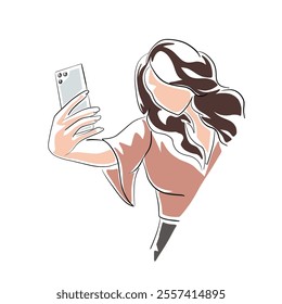 Woman takes a selfie with her mobile phone, isolated vector line art drawing illustration