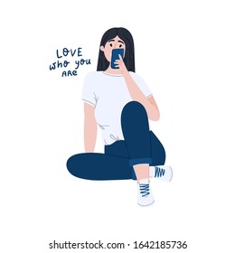 Woman Takes Selfie. Love Who You Are. Body Positive And Self Acceptance Hand Drawn Flat Cartoon Style Concept Illustration. 