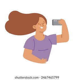 woman takes selfie with phone isolated