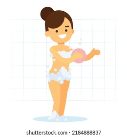 Woman Takes A Shower. Washing Woman In Foam. 