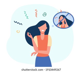 Woman taking antidepressant meds. Happy person with pill from anxious state. Flat vector illustration. Depression, mental disorder, treatment concept for banner, website design or landing web page