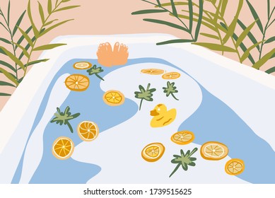 Woman taking a bath in the beautiful decorated bathtube with flowers, citrus and rubber duck. Vector illustration in flat style