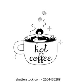 Woman is taking a bath in big cup of coffee, concept of relaxing with coffee drink, isolated vector illustration in linear style