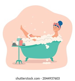 Woman taking a bath with bubble. Hygiene and beauty, bodycare. Girl washes body.