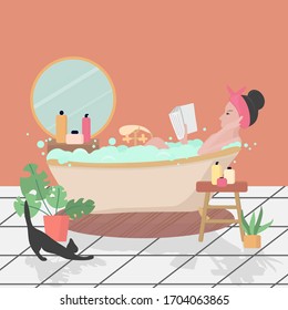 Woman taking a bath with bubbles. Relaxing girl in bathroom with book lying in bathtub full of soap foam. Flat style vector illustration. Hygiene and beauty. Spa Procedures at Home