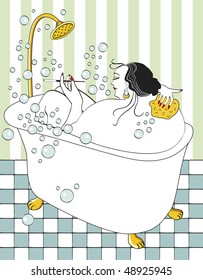 Woman taking bath with bubbles and tiled floor