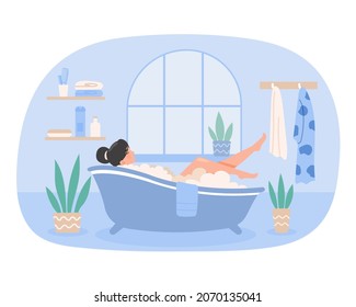 Woman taking bath. Character resting after hard day. Beauty, hygiene, youth, cosmetic procedures. Female lying in foam bubbles, apartment, comfort, cozy, home. Cartoon flat vector illustration
