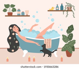 Woman taking a bath in cozy bathroom with foam bubbles. Flowers in a woman's hair. Hand drawn house plants in pots. Self-care and relax concept. Nature shampoo and creams. Flat style illustration.