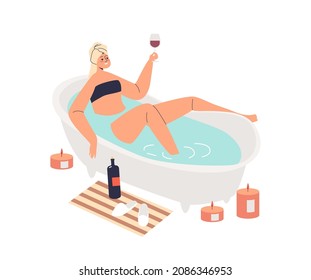 Woman taking bath and drinking wine. Young girl with towel on hair relax in bathroom enjoy hot water holding glass of red wine. Cartoon flat vector illustration