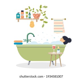 Woman taking a bath. A female character is relaxing in the bathroom with a glass of wine.  The girl is enjoying a bubble bath.  Vector illustration on white isolated background.