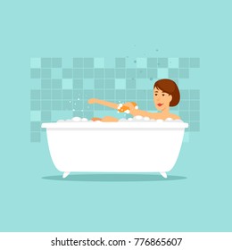 Woman taking a bath. Flat design vector illustration.