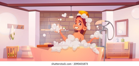 Woman Taking Bath With Foam. Vector Cartoon Illustration Of Girl Relax In Tub With Bubbles. Bathroom Interior With Shower, Mirror And Female Character With Sponge And Soap Suds On Head
