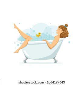 Woman taking bath full of soap foam bubbles vector illustration. Girl relaxed washing her body with duck toy in bathroom interior. Shower, hygiene, healthcare, relax design concept.