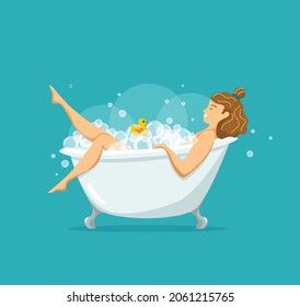 Una mujer bañándose llena de espuma de jabón burbuja ilustración vectorial. Niña relajada lavando su cuerpo con juguete de pato en el interior del baño. Ducha, higiene, atención de salud, concepto de diseño relajante.