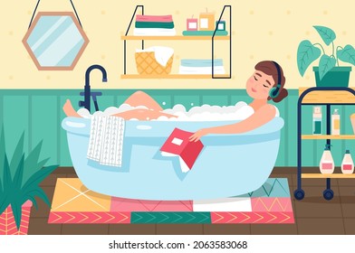 Woman taking bath. Girl lies in bubble soap foam, listens music with headphones and reads book, home bathroom relax and spa, cozy interior, home beauty routine vector isolated concept