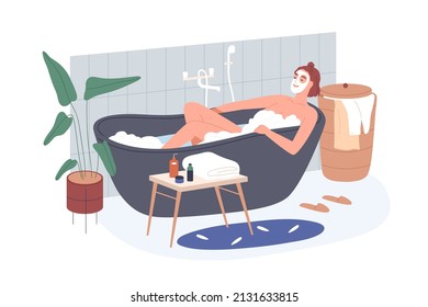 Woman taking bath in home bathroom. Female with facial mask relaxing in bathtub water with soap foam, bubbles. Beauty and body care routine. Flat vector illustration isolated on white background