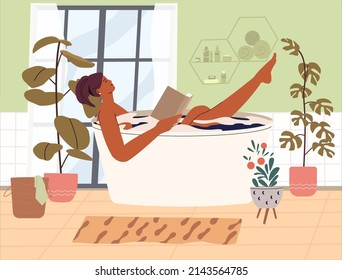 Woman taking a bath. Hygiene and beauty. Mental health, happiness, harmony. Mindfulness, positive thinking, self care idea. Flat vector illustration.