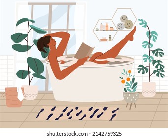 Woman taking a bath. Mental health. Hygiene and beauty. Mindfulness, positive thinking, self care idea. Flat vector illustration.