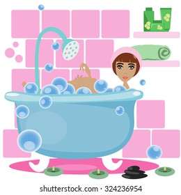Woman taking a bath in the pink bathroom.