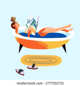 Woman taking bath and reads magazine. Young girl takes care of her body, relaxes and rests. Bathroom interior design, home decor. Vector character illustration of girl daily life routine at home scene