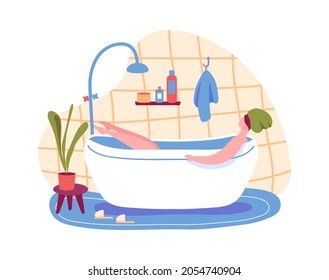 Woman taking bath, relax and enjoy after work day. Illustration of girl relax in bathroom, woman in spa, care body with foam and soap vector