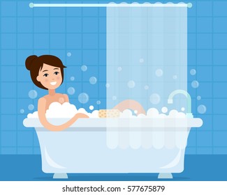 Woman taking a bath. Relaxing girl in bathroom. Flat style vector illustration.