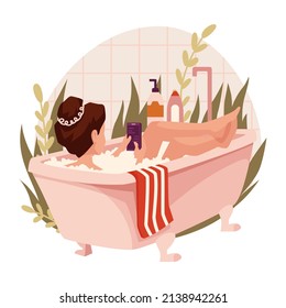 Mujer bañándose. Niña joven yace en el baño con un teléfono en las manos. Higiene personal, ocio, relajación. Rutina femenina, 
concepto de la vida cotidiana. Ilustración vectorial.