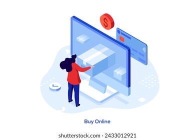 Woman taking box out of computer monitor after paying with credit card. Buy online concept isometric vector illustration. Customer ordering goods in internet store cartoon character colour composition