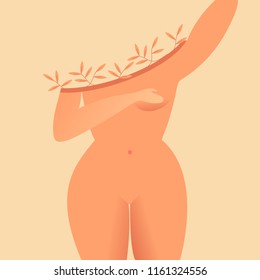 Woman taking breast self-examination. Woman body concept. Plus size girl. Flower your body. Woman Health. Pink October. Vector illustration on background.