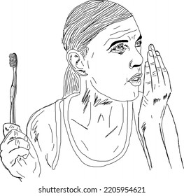 Woman taking breath test after brushing her teeth, woman smelling her breath sketch drawing, girl holding tooth brush and feeling oral smell line art vector