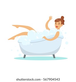 Woman Taking Bubble Bath, Part Of People In The Bathroom Doing Their Routine Hygiene Procedures Series