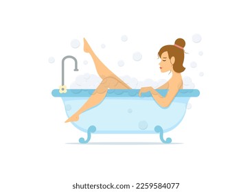 Woman taking a bubble bath and relaxing in a bathtub isolated on white background