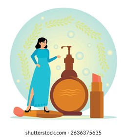A woman taking care about beauty and health. presenting various makeup items, including a lipstick, brush and perfume. Beauty routine concept.