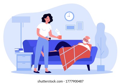 Mujer cuidando a un anciano con gripe. Niña adulta dando bebida caliente a la ilustración vectorial plana del padre viejo. Familia, gripe, concepto de enfermedad para banner, diseño de sitio web o página web de aterrizaje