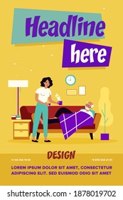 Woman taking care about senior man with flu. Adult daughter giving hot drink to old father flat vector illustration. Family, flu, illness concept for banner, website design or landing web page