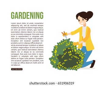 Woman taking care of bush. Vector illustration.