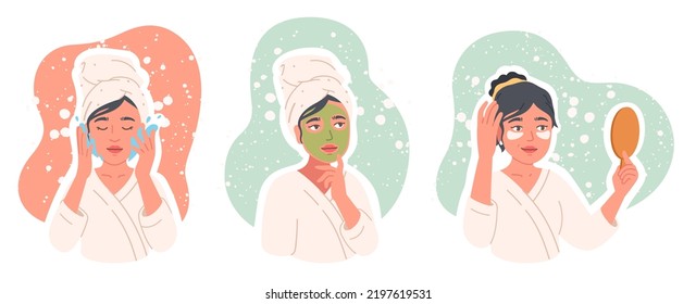 Woman taking care of face skin set. Beautiful girl person washing face, wearing cosmetic facial mask, eye patches, looking in mirror. Daily routine skincare, hygiene, beauty flat vector illustration