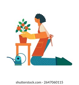 Mulher cuidando da fruta em casa. Ilustração vetorial de conceito caseiro.