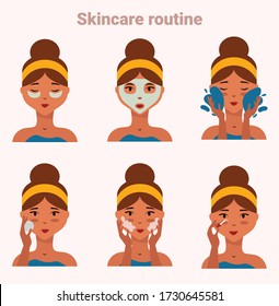 Woman taking care of her face. Skincare steps. Daily skincare routine. Face skin care Step by step set. Minimalistic vector illustration. Different facial procedures. Face care concept.