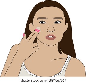 Mujer cuidando su piel de la cara y usando crema facial hidratante. Cuidados de la piel Concepto de Rutina e Higiene. Ilustración de vectores de dibujos planos.