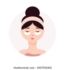 Woman taking care of her face. Daily skincare routine. Young woman applying beauty patches under her eyes. Minimalist, simple illustration
