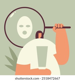 Woman taking care of her face and using face mask. Charming woman doing skin care procedures. Skin care routine, hygiene and moisturizing concept. Flat cartoon vector illustration.