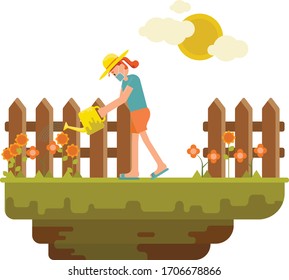 A woman taking care her flowers on garden