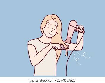  woman taking care of her hair with a hair dryer. Hand drawn style vector design illustrations.