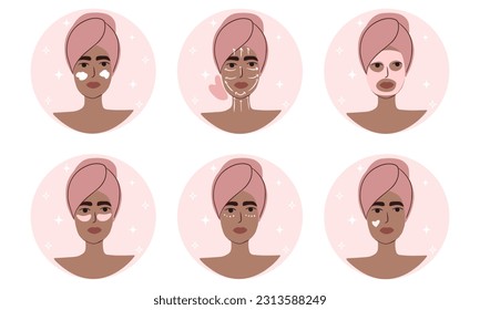Woman taking care of her  skin. Skincare routine vector icon set.