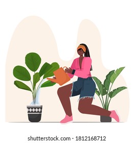 woman taking care of houseplants african american housewife watering her plants full length vector illustration