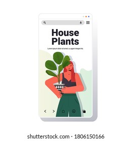 woman taking care of houseplants housewife holding potted plant smartphone screen portrait copy space vector illustration