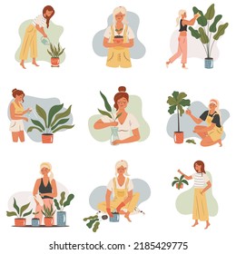 Woman taking care of a plant set. Vector concept illustration 