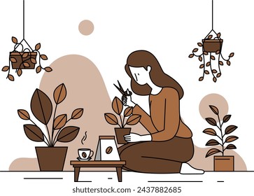 Woman taking care of plants and enjoying coffee