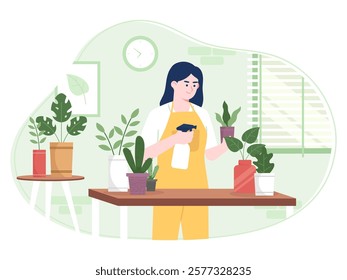 A woman is taking care of plants on a table. The plants are in pots and there are several of them. She is wearing an apron and is using a spray bottle to water the plants concept flat illustration